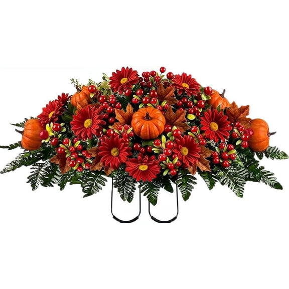 Artificial Fall Cemetery Flowers Outdoor Grave Decorations Saddle for Headstone,Outdoor Tombstone Memorial Decorations, Easy Fit (Deepred Orange)