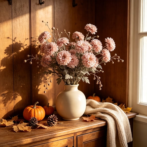 Artificial Fall Chrysanthemum Floral Stem, Dried Style Faux Flower Sprig With Long Flexible Branch, Rustic Harvest Vase Filler, Thanksgiving Table Mantel Home Decor