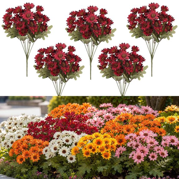 Artificial Fall Daisy Outdoor Flowers, 5 Bundles UV Resistant Fake Mums with Eucalyptus, Waterproof Faux Silk Plants for Porch Garden Window Box Autumn Home Decor, Gift for Mom