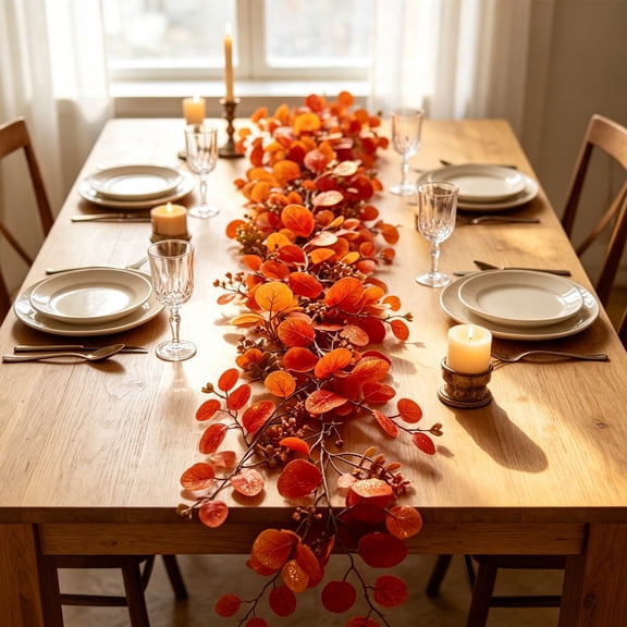 Artificial Fall Eucalyptus Garland, 6FT Autumn Foliage Vine, Gypsophila & Burnt Orange Red Leaves Design,Reusable Decor for Mantel Table Door Thanksgiving Halloween Christmas Wedding