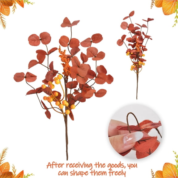 Artificial Fall Eucalyptus Stems with Berries, Thanksgiving High-Stemmed Dollar Leaf Branches, Rustic Autumn Faux Eucalyptus Picks for Vase Fillers, Home Decor