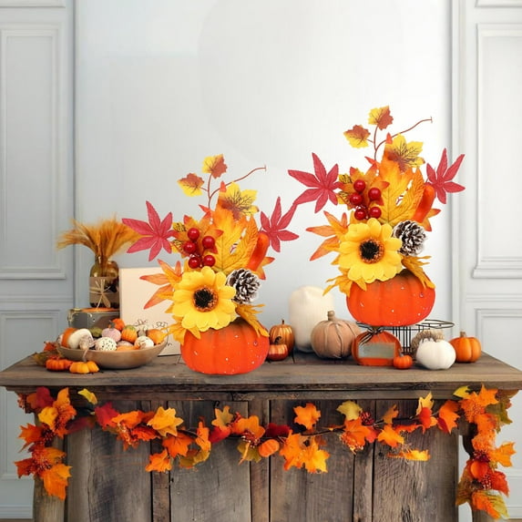 Artificial Fall Faux Foam Pumpkin Tree with Maple Leaves & Light, Pumpkin Berry Maple Leaf Tree for Harvest Autumn Thanksgiving Tabletop Decor, Fall Decorations for Home
