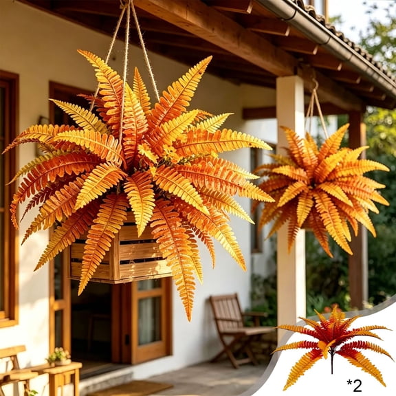 Artificial Fall Fern Bush Set, Faux Autumn Greenery Arrangement, Planter Box Decorative Foliage, Harvest Seasonal Decor Accent, Indoor Outdoor Landscape Display