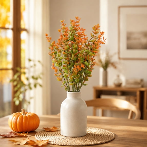 Artificial Fall Fern Stems, Faux Leaf Picks, Orange Rust Red Plastic Branches for Thanksgiving Floral Arrangement Vase Filler