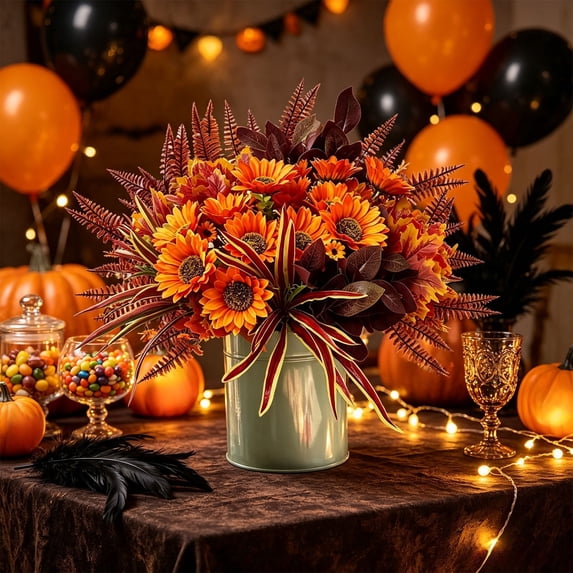 Artificial Fall Floral Bouquet, Orange Sunflowers with Maple Leaves, Ferns, Eucalyptus, Violets & Lavender, Harvest Arrangement for Vase, Table, Mantel, Porch & Thanksgiving Table Decor