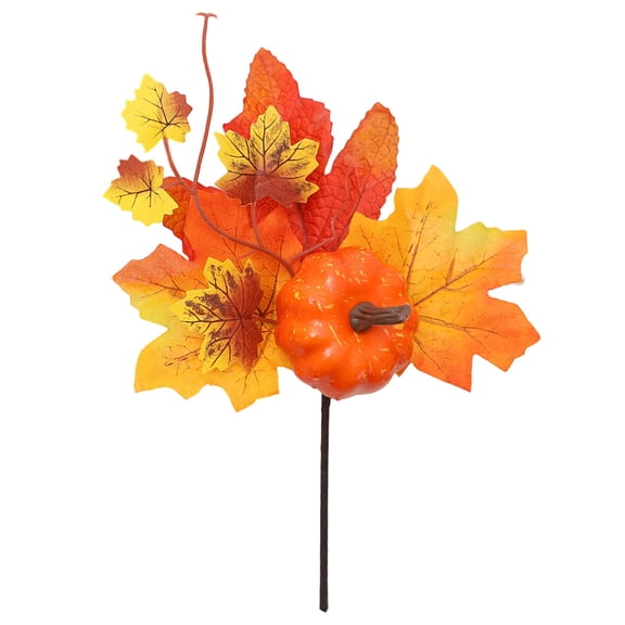Artificial Fall Floral Pick with Pumpkin and Maple Leaves, Harvest Pumpkin Stem Fall Artificial Pick, Autumn Maple Leaf Spray, Thanksgiving Foliage Stem, Farmhouse Table Centerpiece