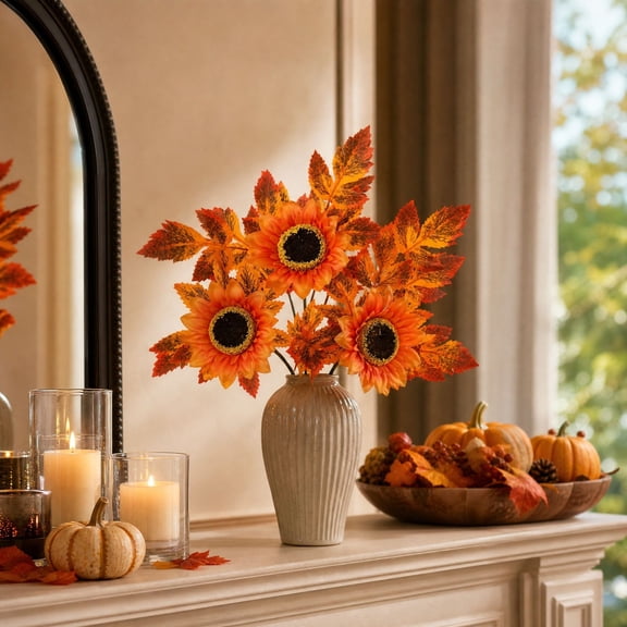 Artificial Fall Floral Picks Fake Pumpkin Sunflower Rose Maple Leaf Stems Decorative Branches Thanksgiving Table Vase Arrangement 8.66x3.15x1.18in