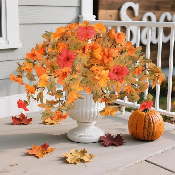 Artificial Fall Flower Basket, Silk and Plastic Hanging Floral Arrangement with Lifelike Leaves for Outdoor Decor