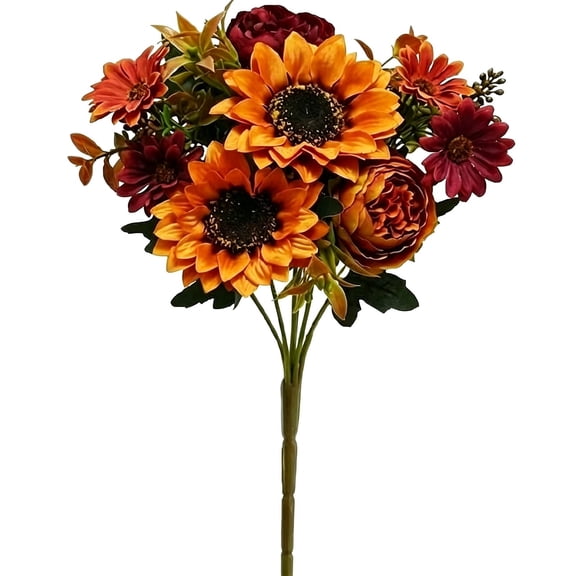 Artificial Fall Flower Bouquet with 2 Sunflowers, 2 Peonies & 4 Chrysanthemums, 12.59 Inch Faux Autumn Floral Arrangement for Vase Table Centerpiece Thanksgiving Wedding Home Decor