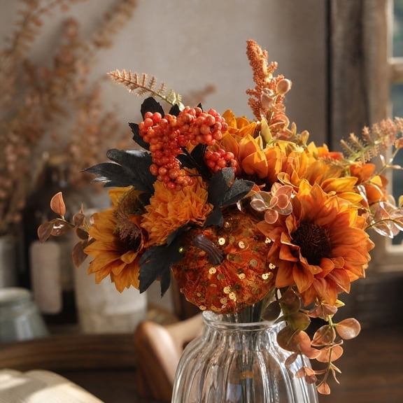 Artificial Fall Flower Bouquet, Burgundy Orange Dahlia Floral Bundle with Pinecone Eucalyptus and Fern, Faux Autumn Flowers for Vase, Thanksgiving Farmhouse Home Decor