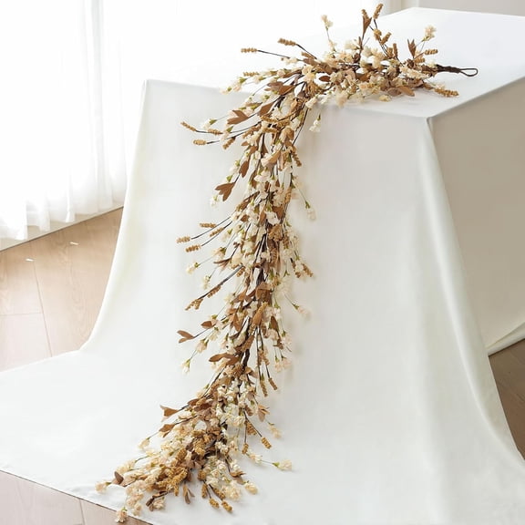 Artificial Fall Flower Garland 6 Feet Beige Wildflower Floral Vine for Mantle Table Centerpiece Wall Fireplace Wedding Decor