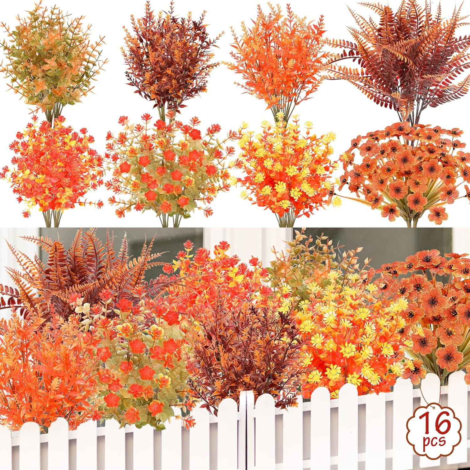 Artificial Fall Flowers, 16pcs UV Resistant Fall Fake Flowers, Faux ...