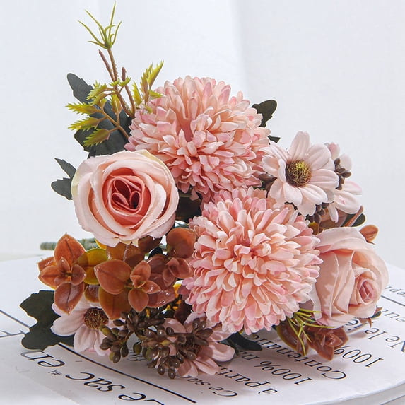 Artificial Fall Flowers Bouquet – Silk Roses, Mums & Chrysanthemums for Autumn Wedding, Home, Table & Party Centerpieces – 12.2in Handmade Fall Floral Arrangement