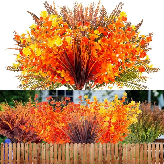 Artificial Fall Flowers, Fake Autumn Plants for Thanksgiving Outdoor UV Resistant No Fade Faux Plastic Plants Garden Porch Window Box Decorating