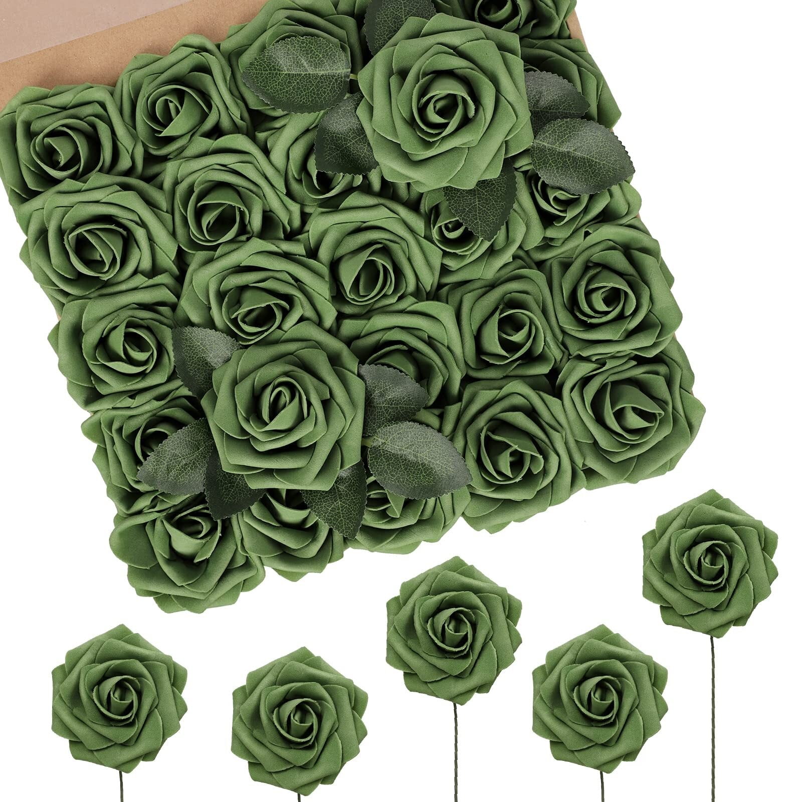 JUSMAI 30 Pcs Artificial Silk Roses - Burnt Orange Fake Flowers With Long Stems For Wedding Bouquets & Home Decor