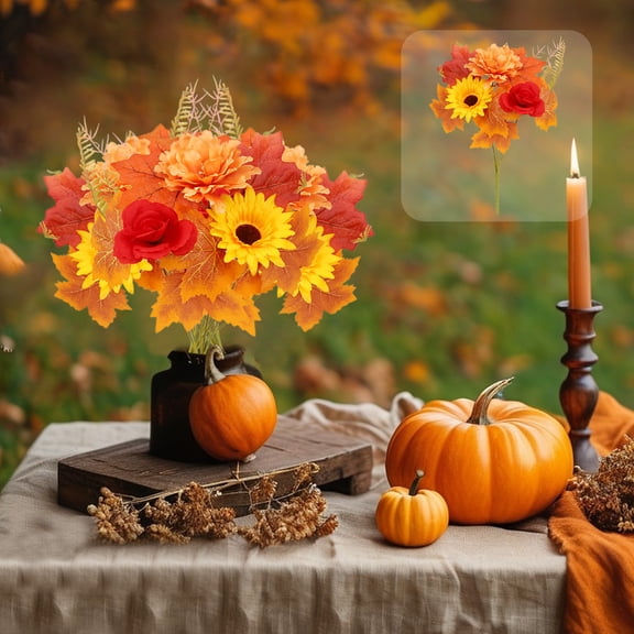 Artificial Fall Flowers, Fall Maple Leaves Branches Artificial Fall Flower Bouquet with Sunflowers Pumpkins for Wedding Bouquet Autumn Thanksgiving Home Table Decor (Orange)