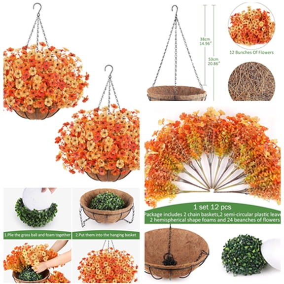 Artificial Fall Flowers Hanging Plants in Basket, Artificial Hanging Flowers for Autumn Outdoor Indoor Decor, UV Resistant Hanging Baskets with Fake Flowers for Fall Patio Garden Porch Deck Decoratio