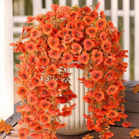 Artificial Fall Flowers for Outdoor, 4 Pcs Faux Pansy Fake Mums Plant Hanging Flowers Outdoor Fall Decor, UV Resistant Silk Flower for Front Door Porch Planter Patio Yard Garden(Orange Autumn Red)