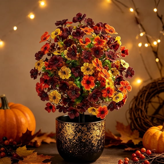 Artificial Fall Flowers for Outdoor,Fall‑Themed Faux Topiary Shrub,Flexible Fake Sphere Flowers Decor with Ground Stake,Realistic Faux Autumn Floral Ground‑Stake,Topiary Ball with Stake for Garden