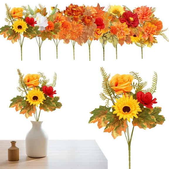 Artificial Fall Flowers Verdsylv Fall Flower Stems, Sunflowers, and Pumpkins with Flexible Stems for Autumn Vase Filler, Wedding Bouquet, Thanksgiving Table Centerpiece, and Indoor/Outdoor Decor, M