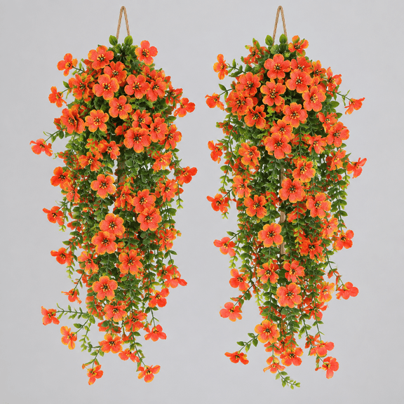 Artificial Fall Flowers for Outdoors, Fake Silk Mums, Orange, 2PCS