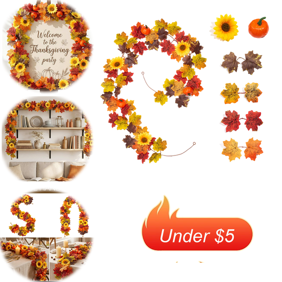 Artificial Fall Foliage Garland with Maple Leaves,Pumpkins,Sunflowers,and Vines for Thanksgiving Home Decor 78.7 Inch Plastic Rattan Vine for Fireplace,Door Frame,Railing,or Table Centerpiece