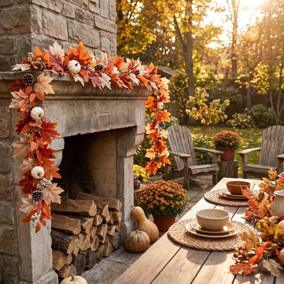 Artificial Fall Garland, 280 cm Maple Leaf and Pine Cone Vine with Autumn Foliage, Thanksgiving Decoration for Mantels, Doorways, Stair Railings and Tables