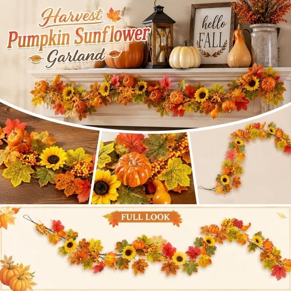 Artificial Fall Garland, Fall Pumpkins for Home Decor, Fall Leaves Decor, Sunflower Party Decorations, 71 Inch Autumn Maple Leaf Pumpkin Sunflower Vines for Halloween Harvest