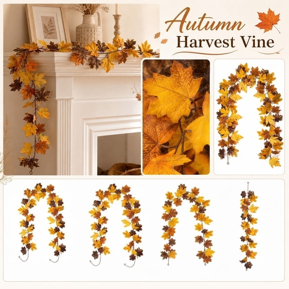 Artificial Fall Garland with Maple Leaves Pumpkins Berries, Flexible Wire Autumn Vine Decor for Halloween Thanksgiving Wedding, Realistic Faux Foliage Wreath for Home Mantel Doorway