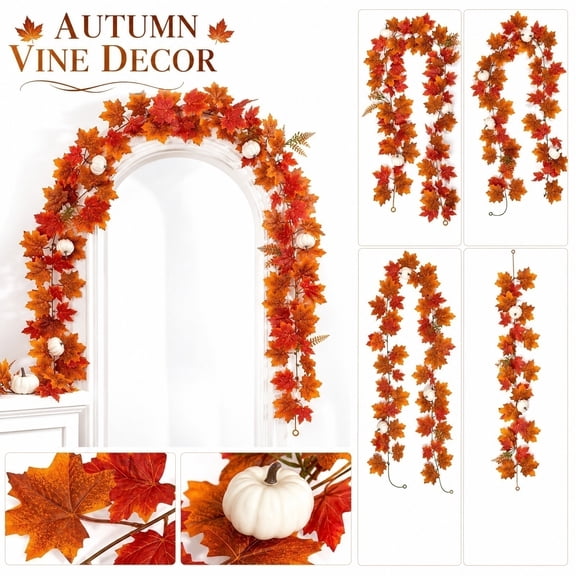 Artificial Fall Garland with Pumpkins and Maple Leaves, Autumn Decor for Home Halloween Thanksgiving, Flexible Wire Vine Wreath for Mantel Doorway Wedding Party Decoration