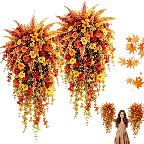 Artificial Fall Hanging Basket for Front Door & Porch, Pre-Lit Autumn Harvest Flower Basket with Pumpkins, Maple Leaves & Berry Branches, Hanging Thanksgiving Outdoor Decor