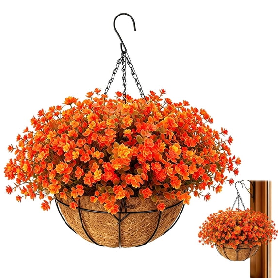 Artificial Fall Hanging Basket with Autumn Flowers and Greenery, Decorative Hanging Plant for Porch Patio Balcony Garden Home Decor