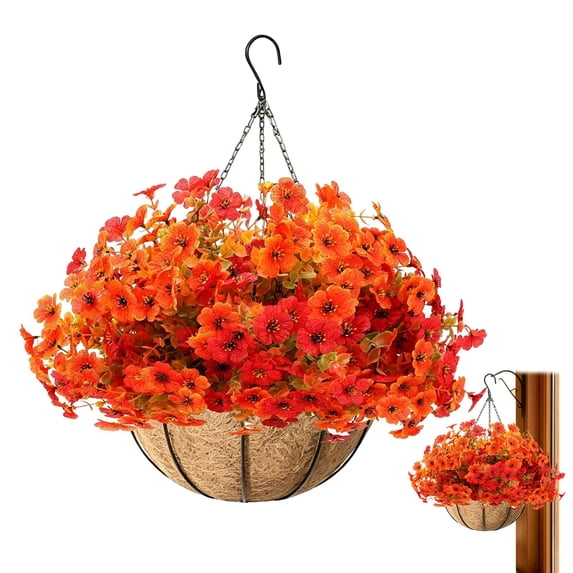 Artificial Fall Hanging Flower Basket, 1Pc UV Resistant Faux Fall Flowers Planter, 13.7 x 19.5 Inch, with Metal Hanging Chain & Hook for Front Door, Porch, Patio, Balcony Autumn Decor
