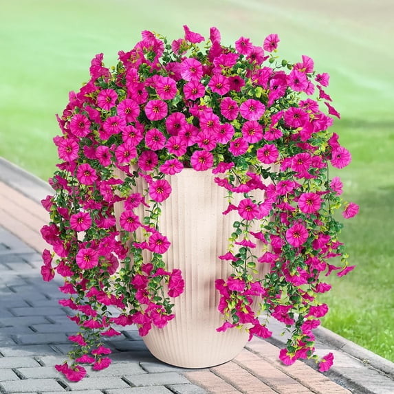 Artificial Fall Hanging Flowers for Decoration, 2pcs Long Vine Fake Flowers Plants Morning Glory, Realistic Faux Petunias for Planter Patio Porch Garden Autumn Outdoors Dec, Orange Red