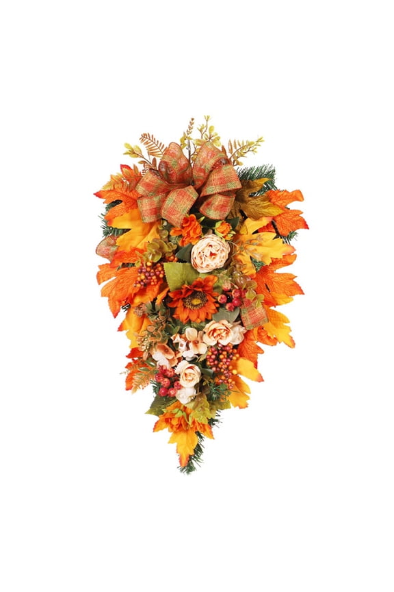 Artificial Fall Hanging Wall Decoration, Decorated with Pumpkins, Silk Bow Garland, Sunflowers, Maple Leaves, Autumn Collection, 21.7 in