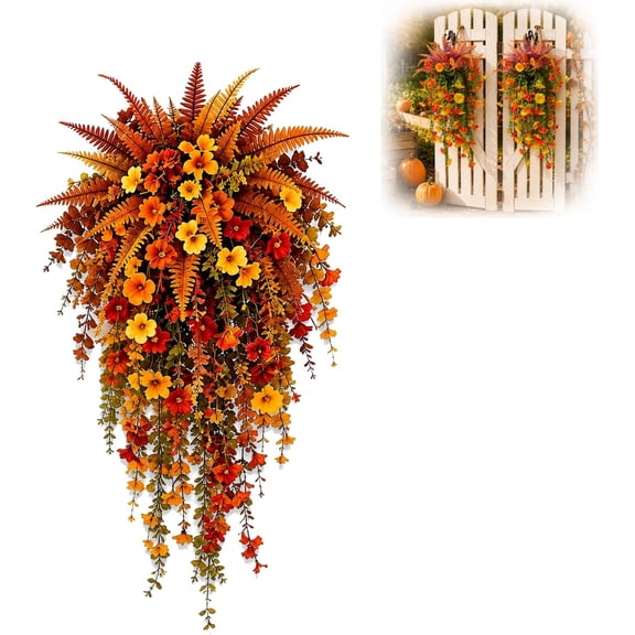 Artificial Fall Harvest Hanging Basket Autumn Porch & Door Decoration,2 pcs | UV-Resistant Faux Flowers with Persian Grass & Morning Glory, Waterproof Outdoor Decor for Doors Porches Mantels Garden