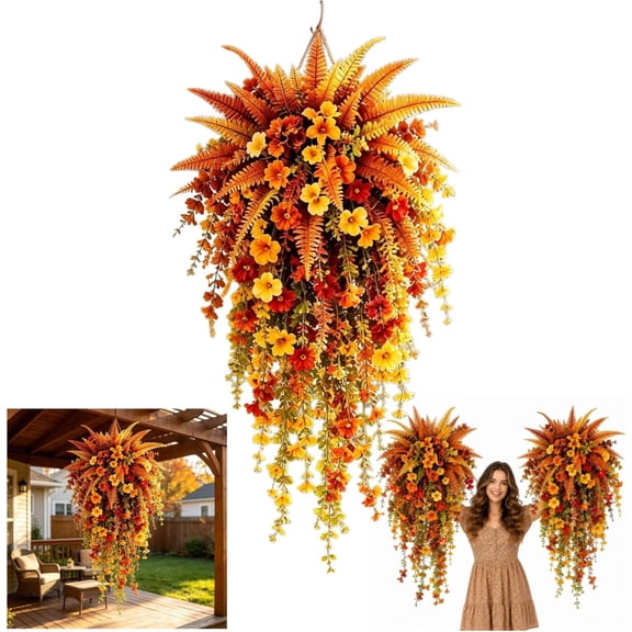 Artificial Fall Harvest Hanging Basket - Cozy Autumn Porch & Door Decor,1