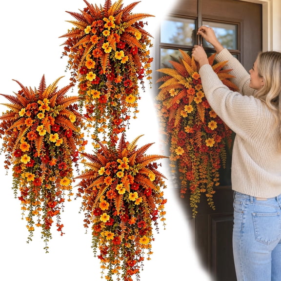 Artificial Fall Harvest Hanging Basket, Faux Autumn Flowers for Front Door, Porch & Outdoor Fall Decor