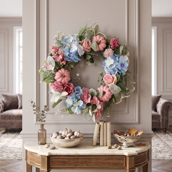 Artificial Fall Harvest Pumpkin Floral Wreath, Pink Peony Front Door Wreath for Thanksgiving Farmhouse Indoor Outdoor Home Decor