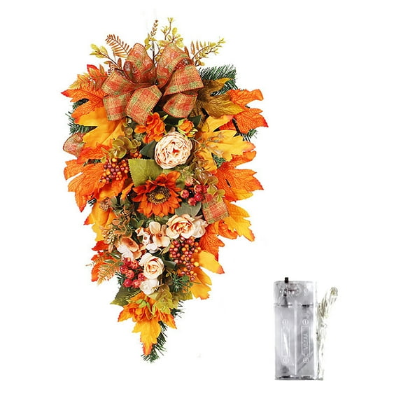 Artificial Fall Harvest Teardrop Swag for Front Door Thanksgiving Teardrop Wreath with Maple Leaves Berry Autumn Floral Swag for Home Wall(with Light,19.7Inch )