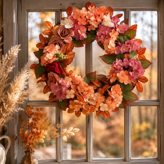Artificial Fall Hydrangea and Rose Wreath with Pink Orange Floral Accents, Thanksgiving Decor for Entryways, Walls and Seasonal Home Displays