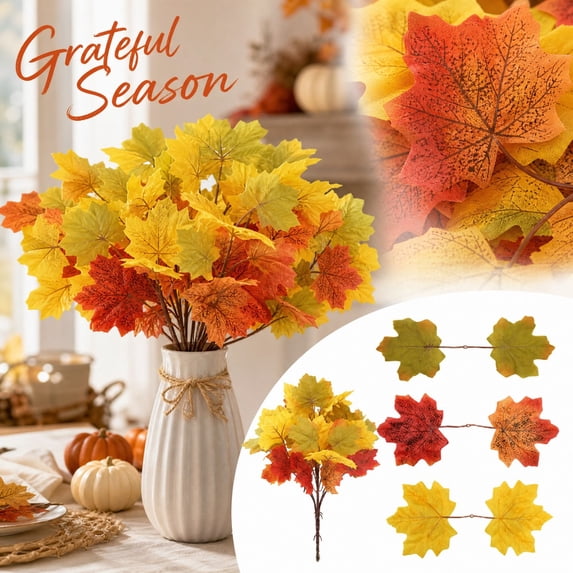 Artificial Fall Maple Leaf Bunch, Fall Home Decor Indoor, Fall Leaves Decor, Thanksgiving Table Decorations, Artificial Fall Leaves, 16X12 Inch 1-Piece Fake Autumn Maple Foliage