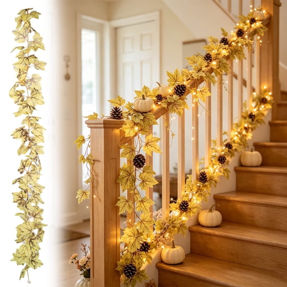 Artificial Fall Maple Leaf Garland, 68.9" Plastic Faux Vines Hanging Foliage for Home Table, Realistic Rattan for Thanksgiving Festival Decors