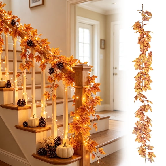 Artificial Fall Maple Leaf Garland 69 in, Faux Fall Foliage Vine Hanging Garland Accent Decor Supply Feature Element Item for Thanksgiving Mantel, Door.