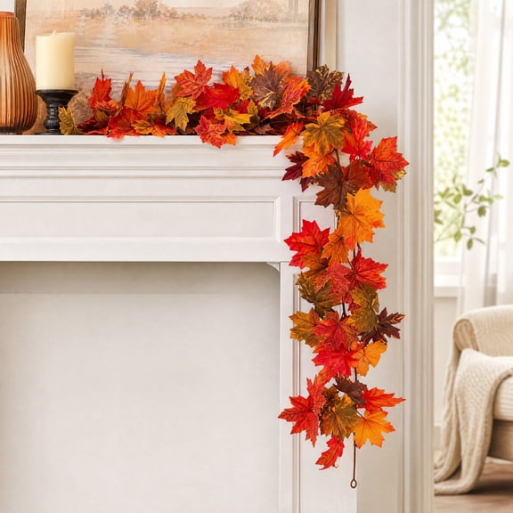 Artificial Fall Maple Leaf Garland, Autumn Hanging Vine with Realistic Red Orange Yellow Leaves, Thanksgiving Halloween Harvest Decor for Mantel Fireplace Stairs Wall 5.74 Ft