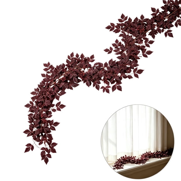 Artificial Fall Maple Leaf Garland Autumn Leaves Faux Leaf Branch Fall Spray Flexible Wired Greenery Swag with Berries for Stair Railing Fireplace Wedding Arch Decor, 5.91 ft/180 cm, 1 Pc