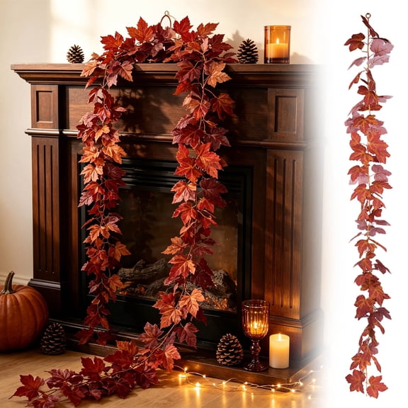 Artificial Fall Maple Leaf Garland, Faux Vine Hanging Garland for Mantel, Table, Front Door, Thanksgiving Home Decor