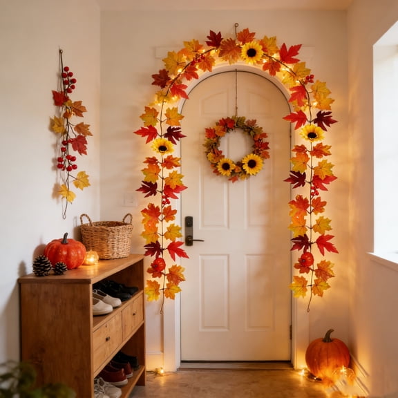 Artificial Fall Maple Leaf Garland with Mini Pumpkin & Sunflower Accents, Hanging Harvest Vine Decor for Front Door, Summer to Fall Transition Ornament for Thanksgiving Home/Wall/Staircase, Yellow