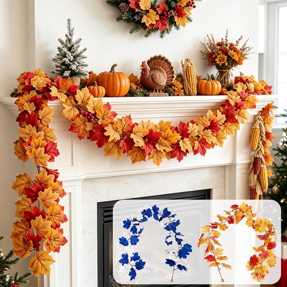 Artificial Fall Maple Leaf Garland Vine, Flexible Autumn Faux Foliage Hanging Greenery, Decor for Indoor Outdoor Wall Mantel Staircase Thanksgiving Halloween Home Decoration, Orange