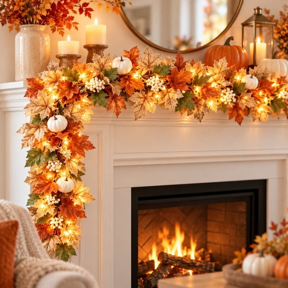 Artificial Fall Maple Leaf Garlands with Lights, White Pumpkins & White Berries Decoratived 5.56 ft Thanksgiving Rattan Decor with 3M Warm LED Light String for Fireplace, Door, Stair